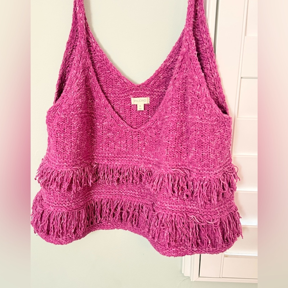 Pilcro Fringe Knit Tank Pink Textured Crop Sweater Top XL - Picture 2 of 6